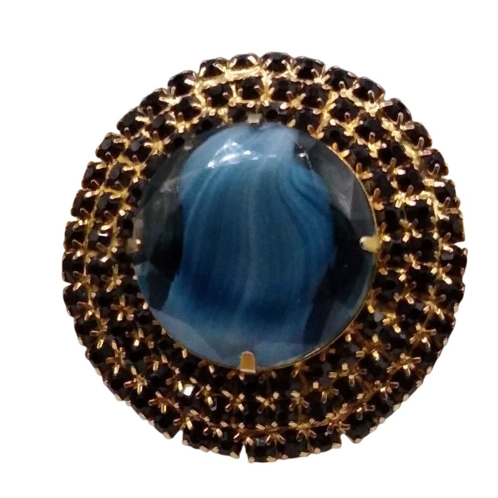 Slag Glass Brooch in Ocean Blue with Triple Prong Set Black Crystal Halo, Vintag